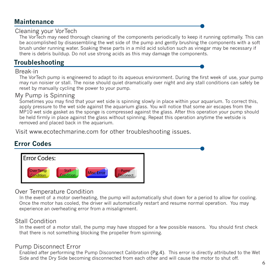 Maintenance error codes troubleshooting | EcoTech Marine MP10 User Manual | Page 7 / 10