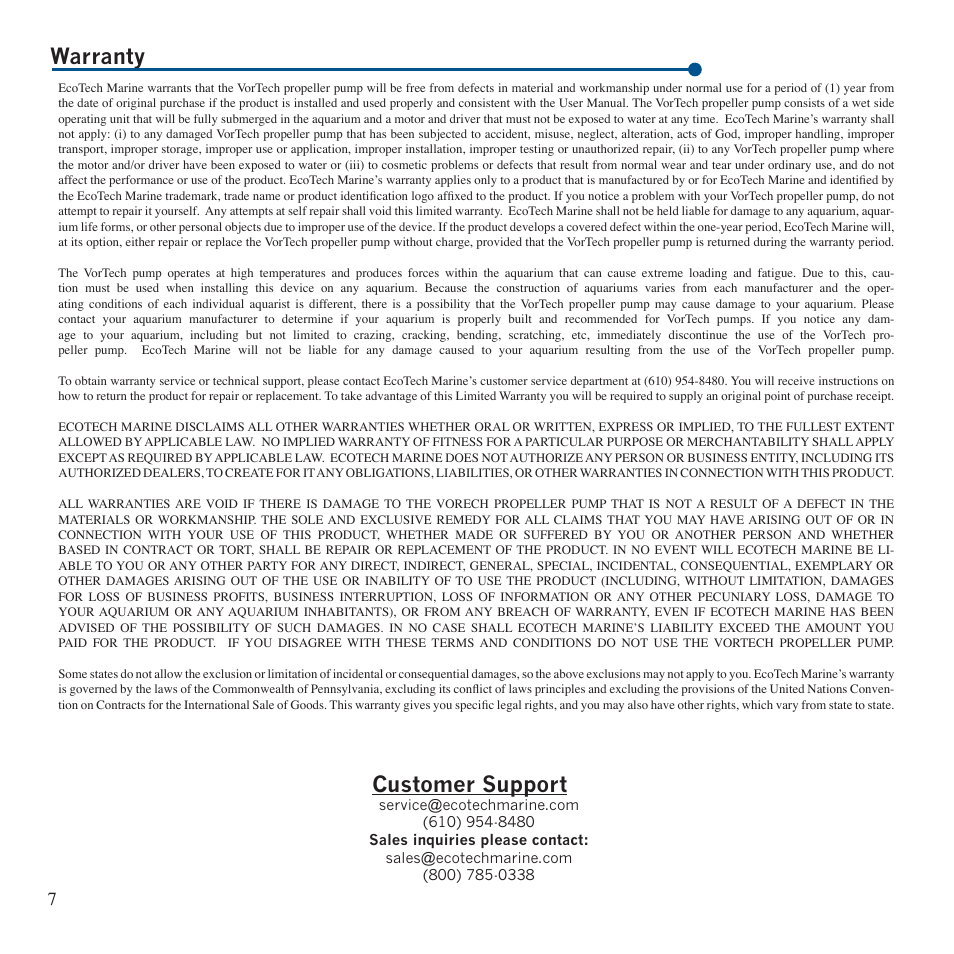Warranty customer support | EcoTech Marine MP10 User Manual | Page 8 / 10