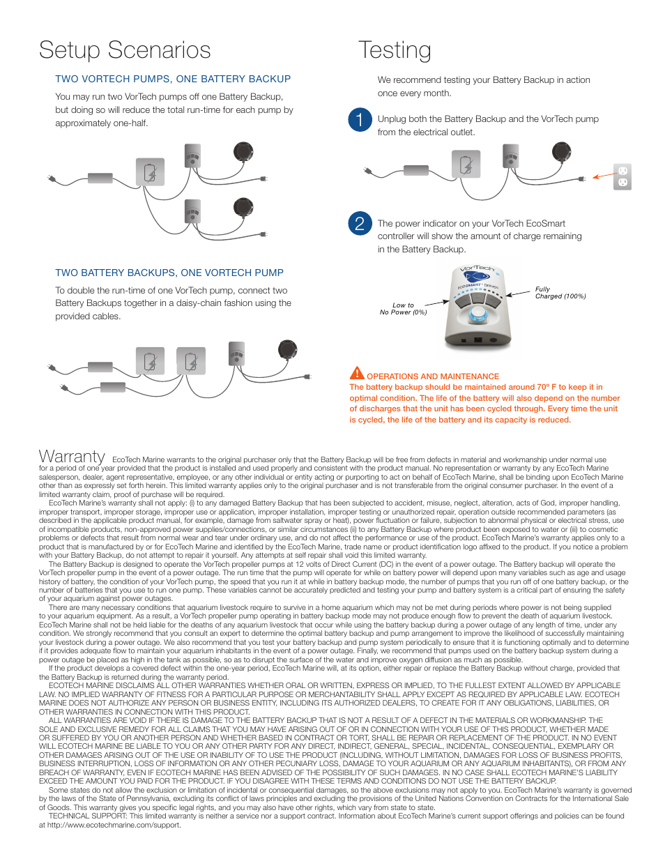 Setup scenarios testing, Warranty | EcoTech Marine Battery Backup User Manual | Page 2 / 2
