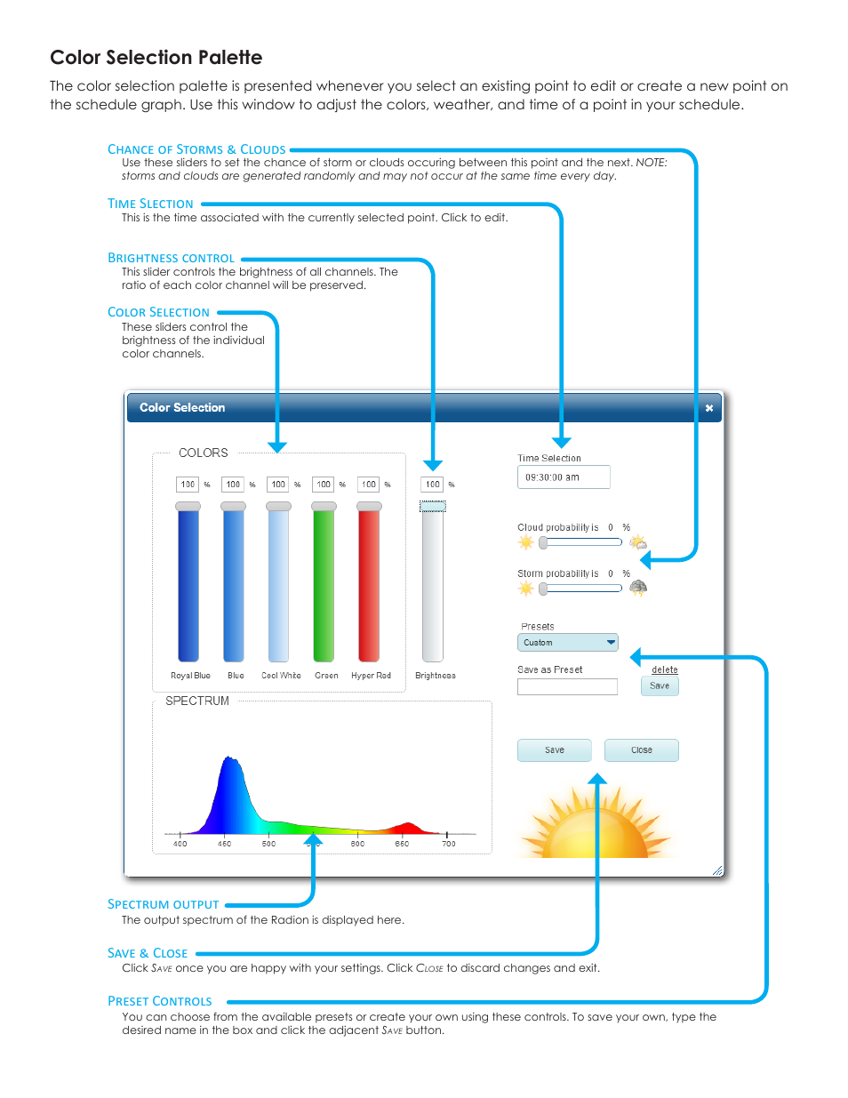 Color selection palette, Spectrum output save & close preset controls | EcoTech Marine EcoSmart Live User Manual | Page 6 / 11