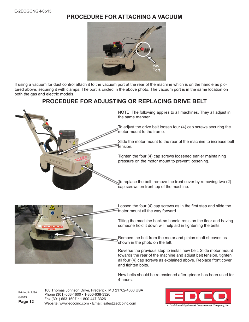 Procedure for adjusting or replacing drive belt, Procedure for attaching a vacuum | EDCO 2GC-NG-11H User Manual | Page 12 / 16