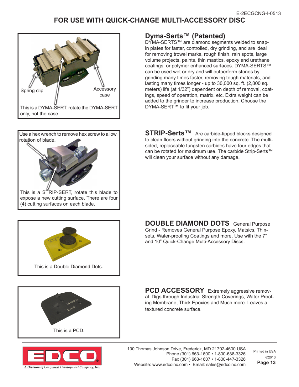 Dyma-serts™ (patented), Strip-serts, Double diamond dots | Pcd accessory, For use with quick-change multi-accessory disc | EDCO 2GC-NG-11H User Manual | Page 13 / 16