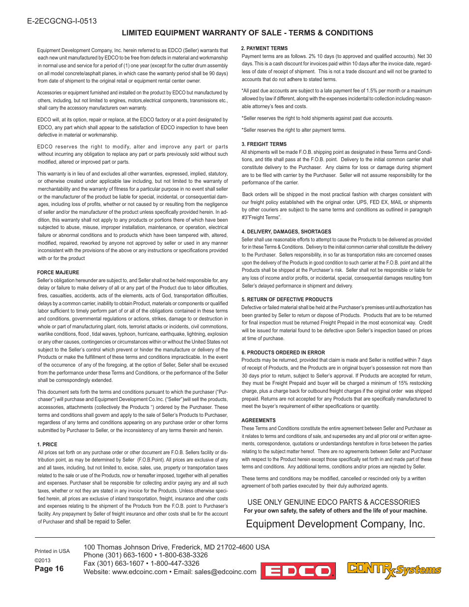 Equipment development company, inc, Page 16, Use only genuine edco parts & accessories | EDCO 2GC-NG-11H User Manual | Page 16 / 16