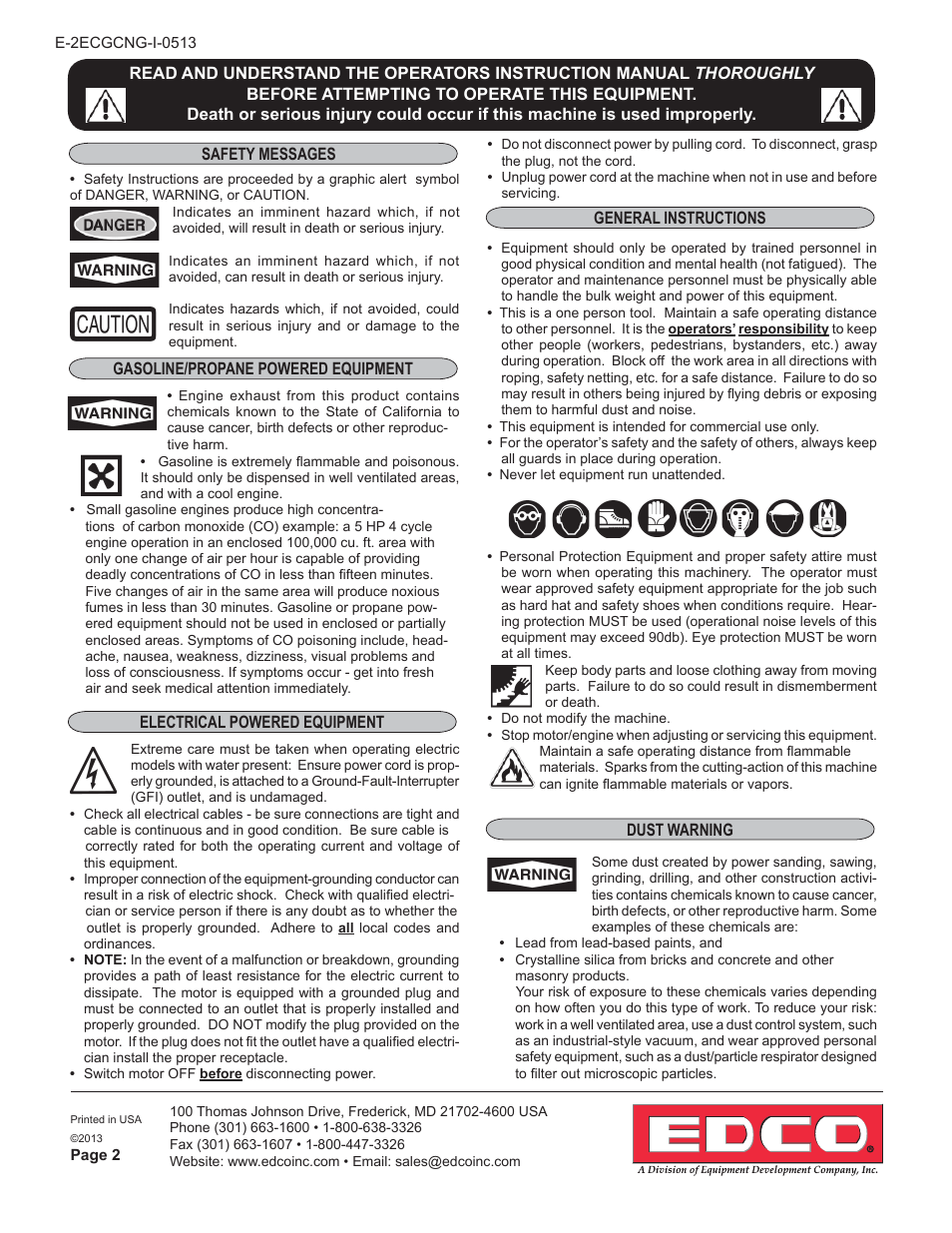 Editable page save for changes only, Safety messages | EDCO 2GC-NG-11H User Manual | Page 2 / 16