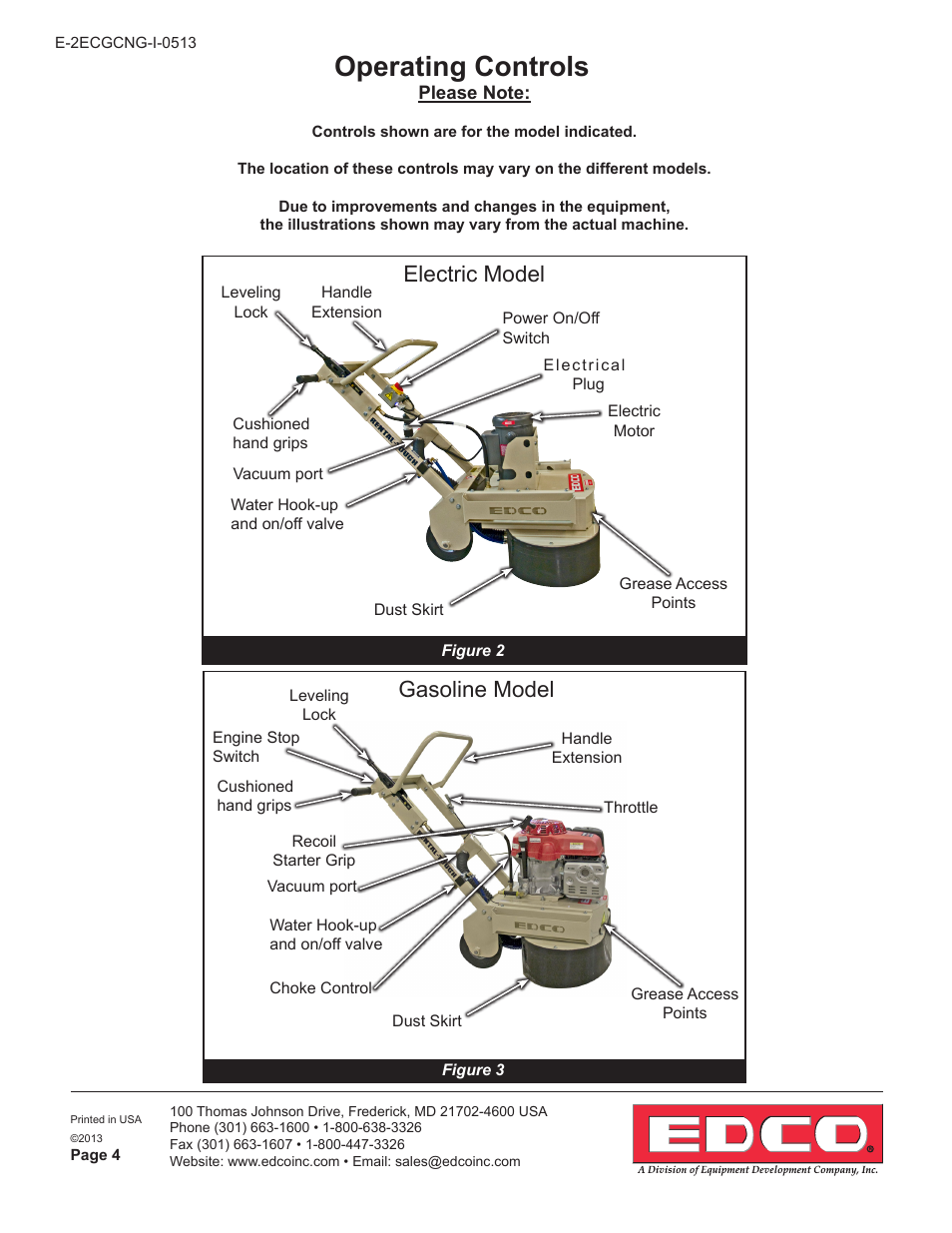 Operating controls, Electric model, Gasoline model | EDCO 2GC-NG-11H User Manual | Page 4 / 16