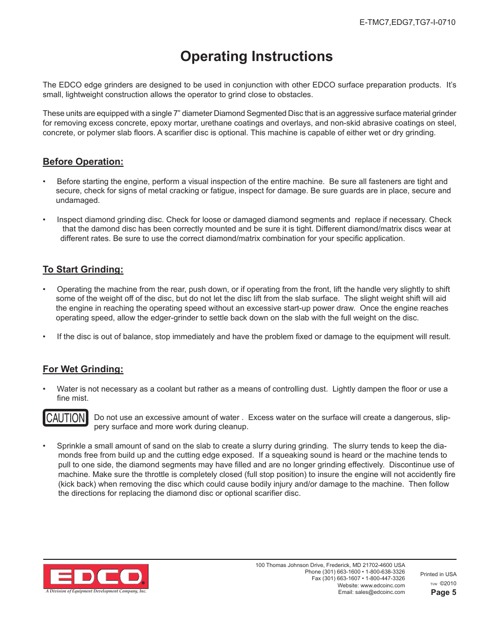 Operating instructions, Before operation, For wet grinding | EDCO TG-7 User Manual | Page 5 / 8