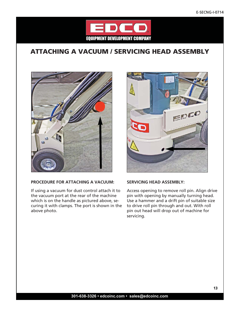 Attaching a vacuum / servicing head assembly | EDCO SEC-NG-1.5 User Manual | Page 13 / 20