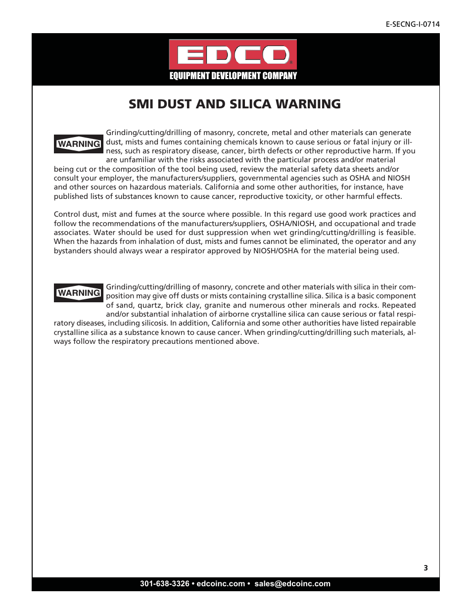 Smi dust and silica warning | EDCO SEC-NG-1.5 User Manual | Page 3 / 20
