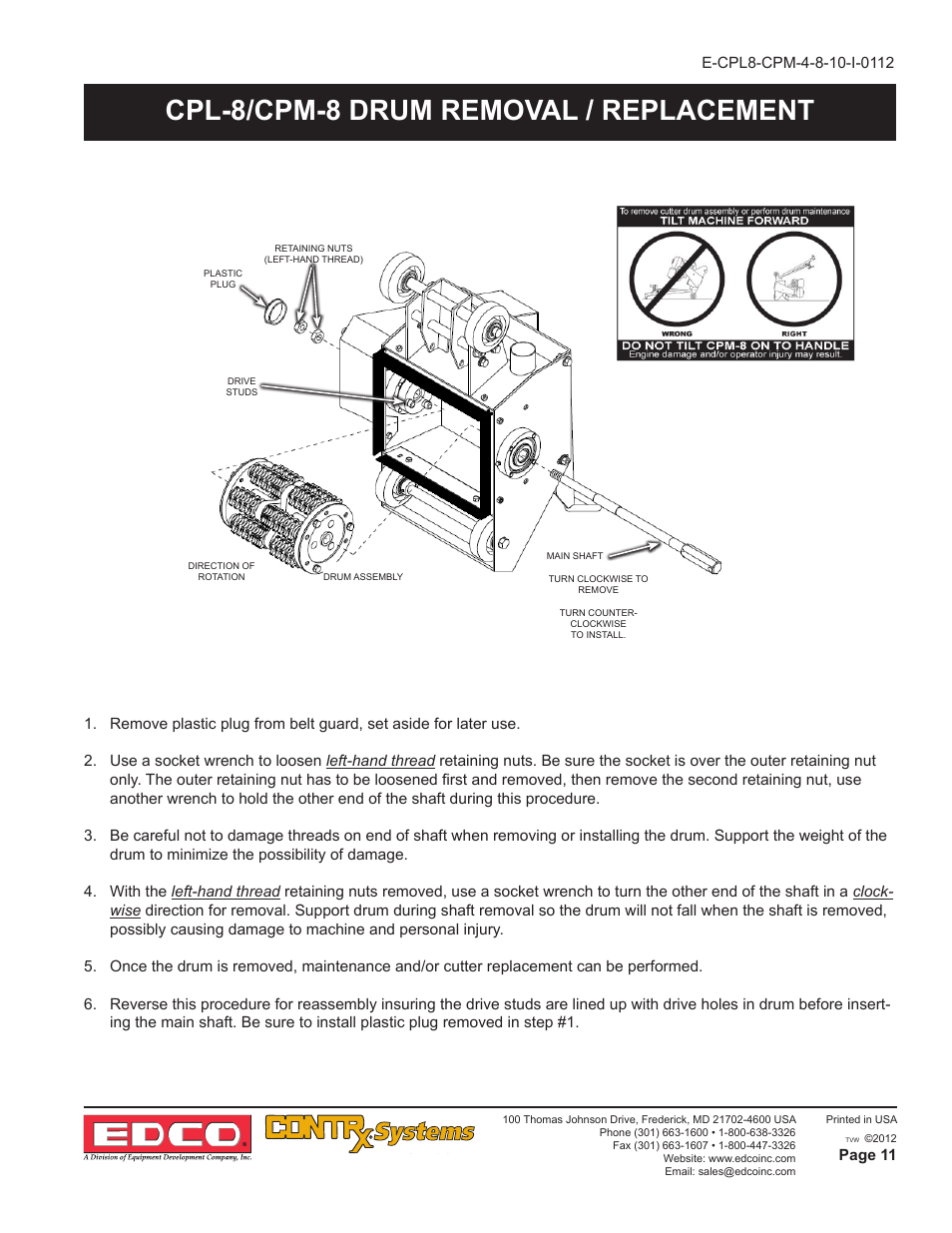 Cpl-8/cpm-8 drum removal / replacement | EDCO CPM-10 User Manual | Page 11 / 20