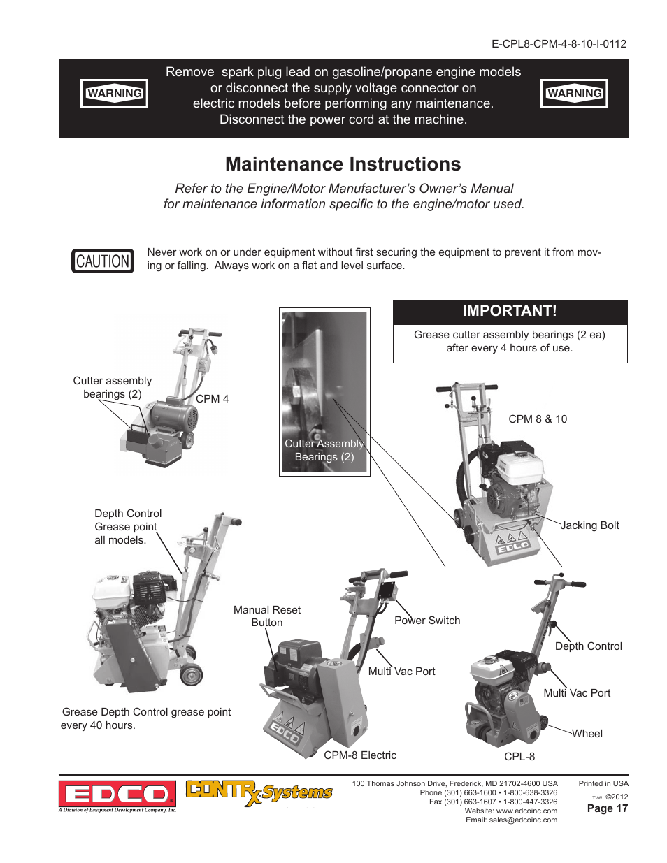 Maintenance instructions, Important | EDCO CPM-10 User Manual | Page 17 / 20