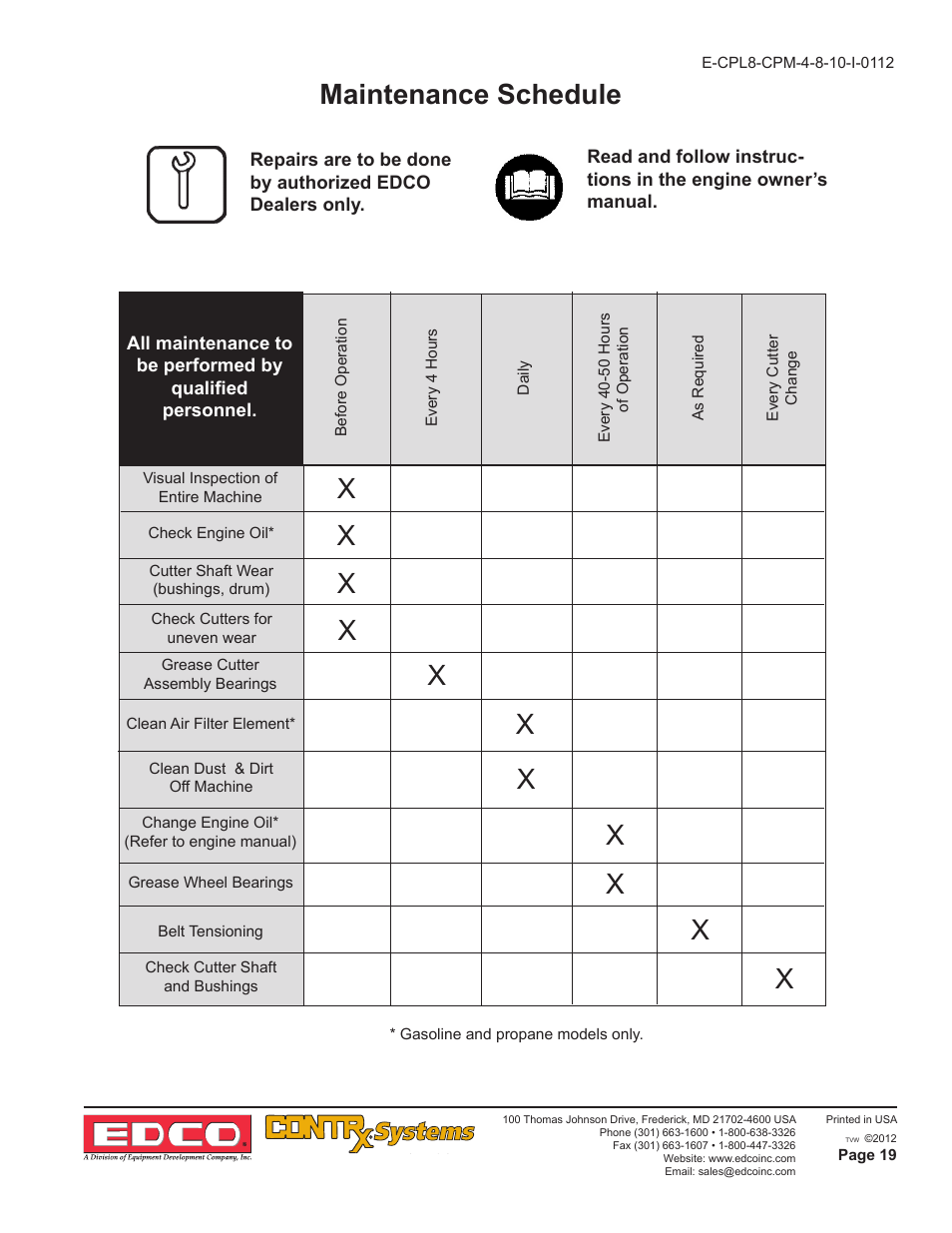 Maintenance schedule, X x x | EDCO CPM-10 User Manual | Page 19 / 20