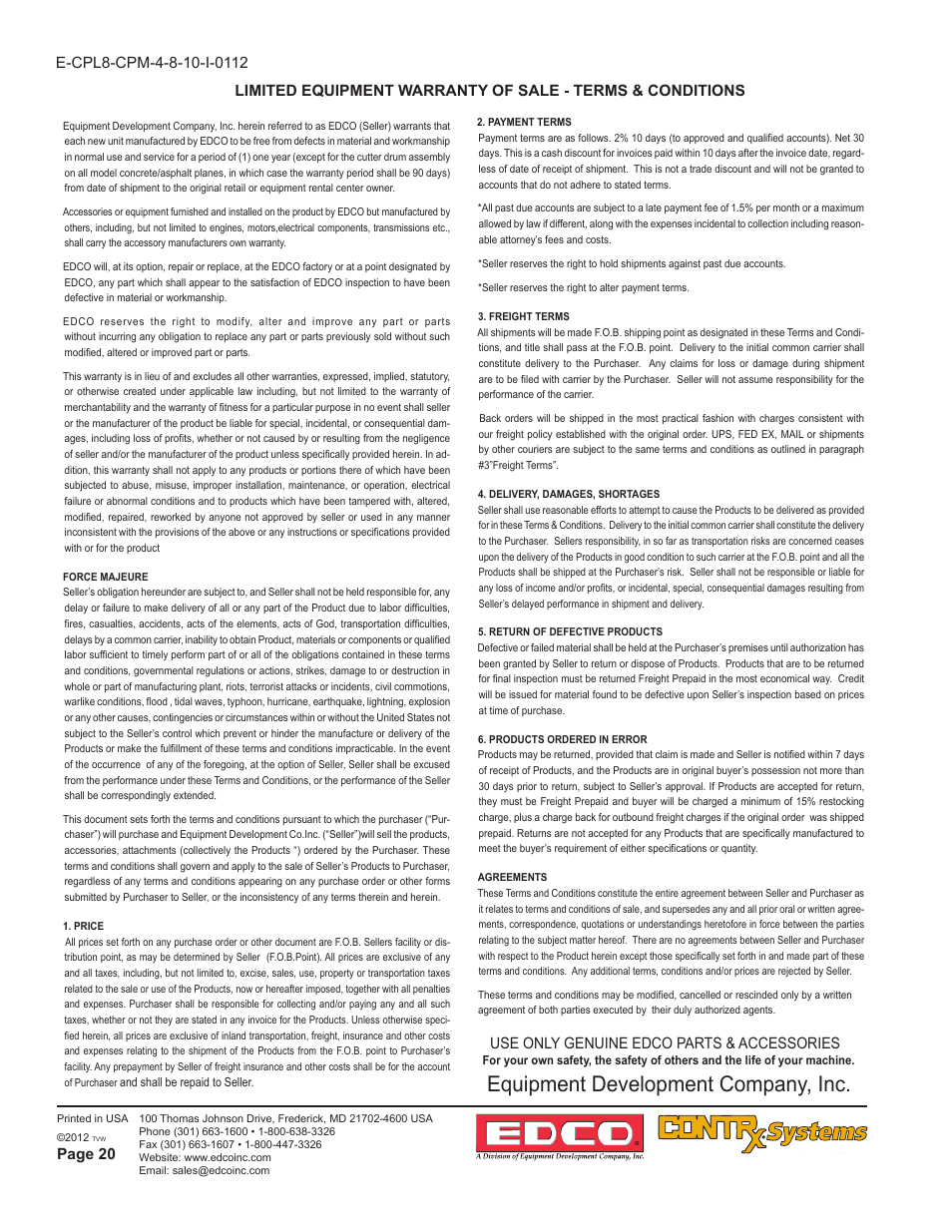 Equipment development company, inc, Page 20, Use only genuine edco parts & accessories | EDCO CPM-10 User Manual | Page 20 / 20