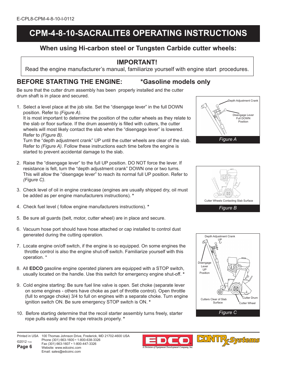 Before starting the engine: *gasoline models only | EDCO CPM-10 User Manual | Page 6 / 20