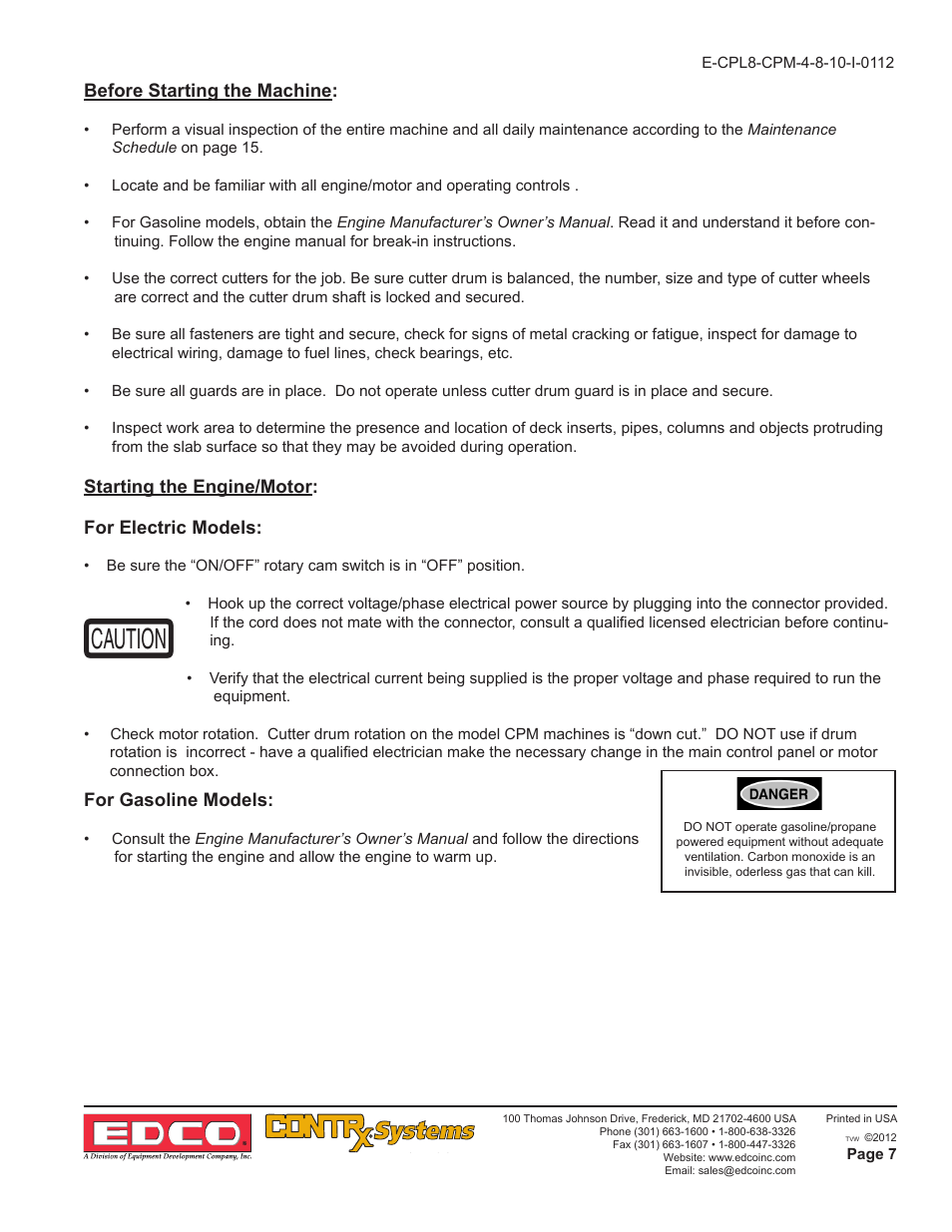 For gasoline models, Before starting the machine, Starting the engine/motor: for electric models | EDCO CPM-10 User Manual | Page 7 / 20