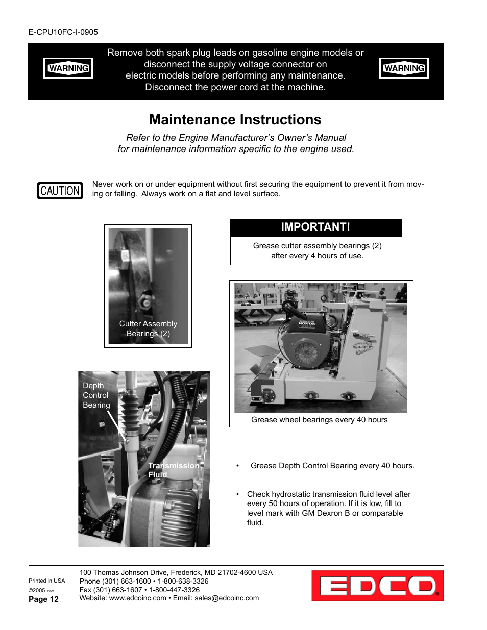 Maintenance instructions, Important | EDCO CPU-10FC User Manual | Page 12 / 16