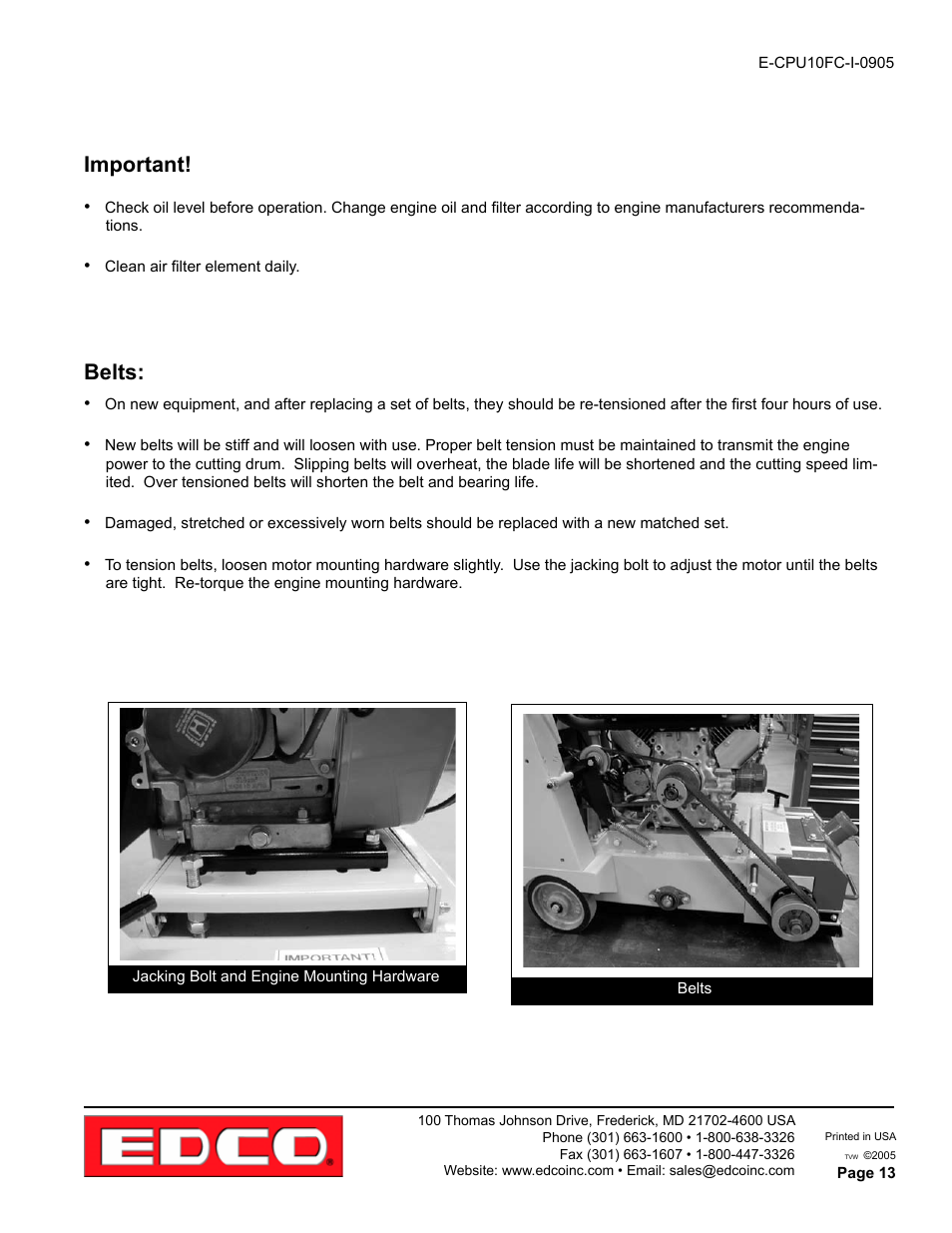 Belts, Important | EDCO CPU-10FC User Manual | Page 13 / 16