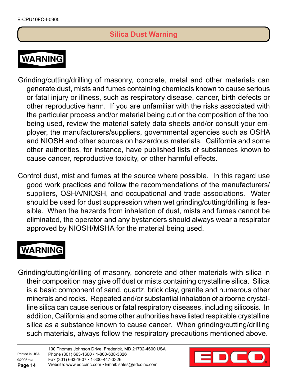 EDCO CPU-10FC User Manual | Page 14 / 16