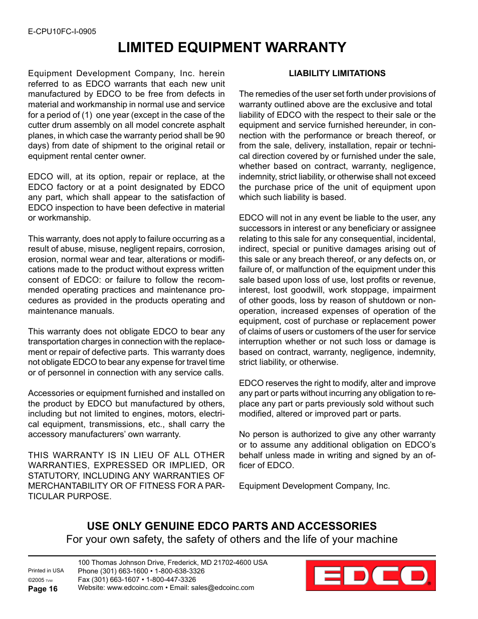 Limited equipment warranty | EDCO CPU-10FC User Manual | Page 16 / 16