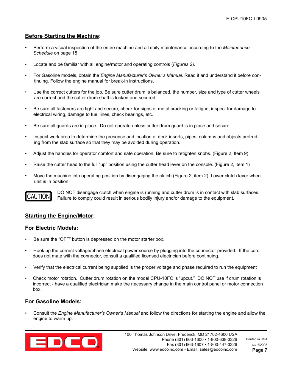 Before starting the machine, Starting the engine/motor: for electric models, For gasoline models | EDCO CPU-10FC User Manual | Page 7 / 16