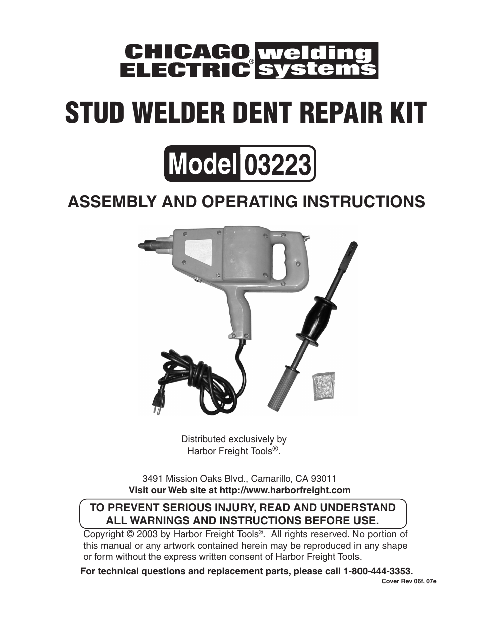 Chicago Electric STUD WELDER DENT REPAIR KIT 3223 User Manual | 9 pages