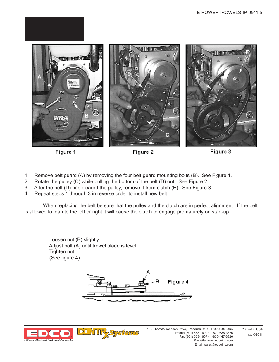 1a operations, 14 drive belts, 15 compensating for bent trowel arms | 1a-12 | EDCO 446 User Manual | Page 11 / 24