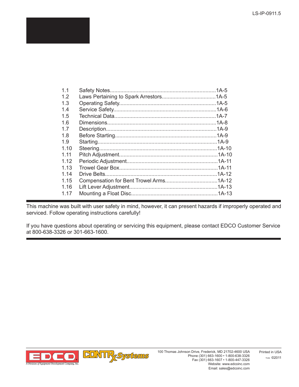 1a operations, 1a-4 table of contents | EDCO 446 User Manual | Page 7 / 24