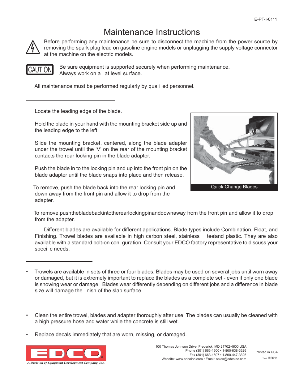 Maintenance instructions | EDCO POWER TROWELS User Manual | Page 11 / 16
