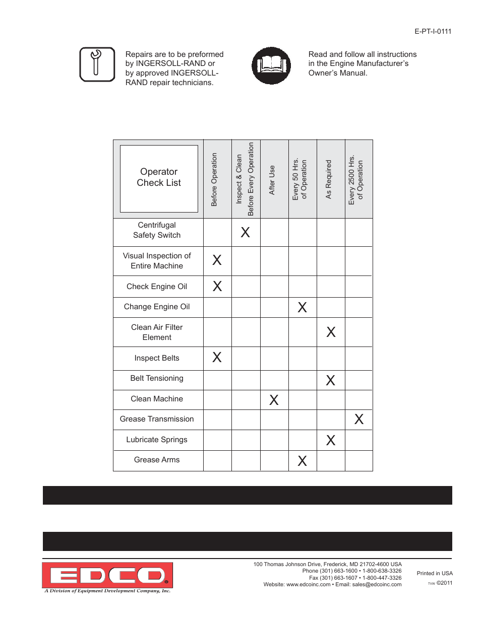 Maintenance schedule, Warning | EDCO POWER TROWELS User Manual | Page 13 / 16