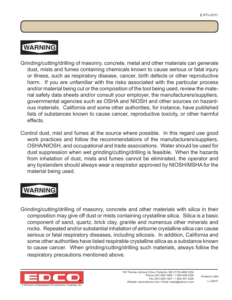Dust and silica warning | EDCO POWER TROWELS User Manual | Page 15 / 16