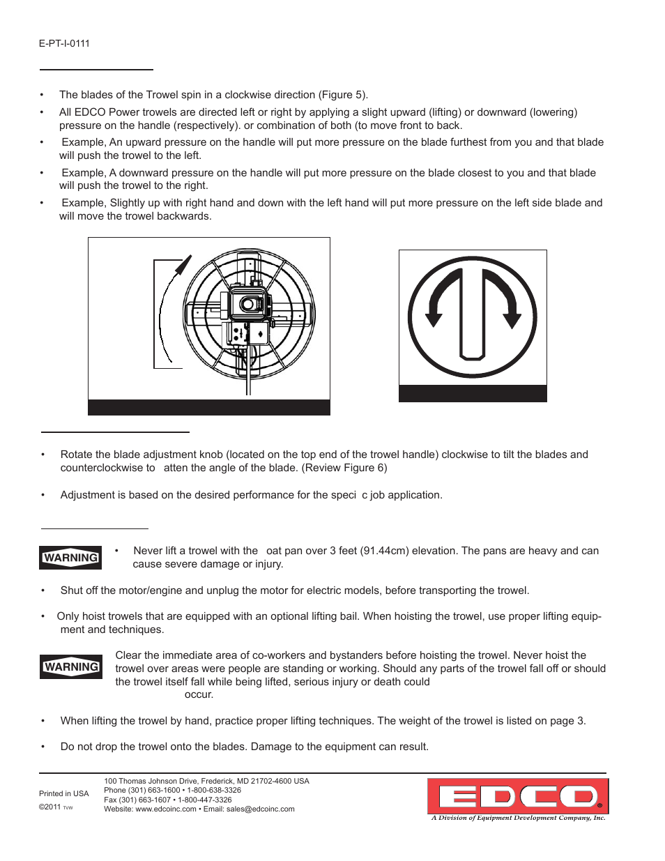 Moving the trowel, Adjusting the blade angle, Hoisting the trowel | EDCO POWER TROWELS User Manual | Page 6 / 16