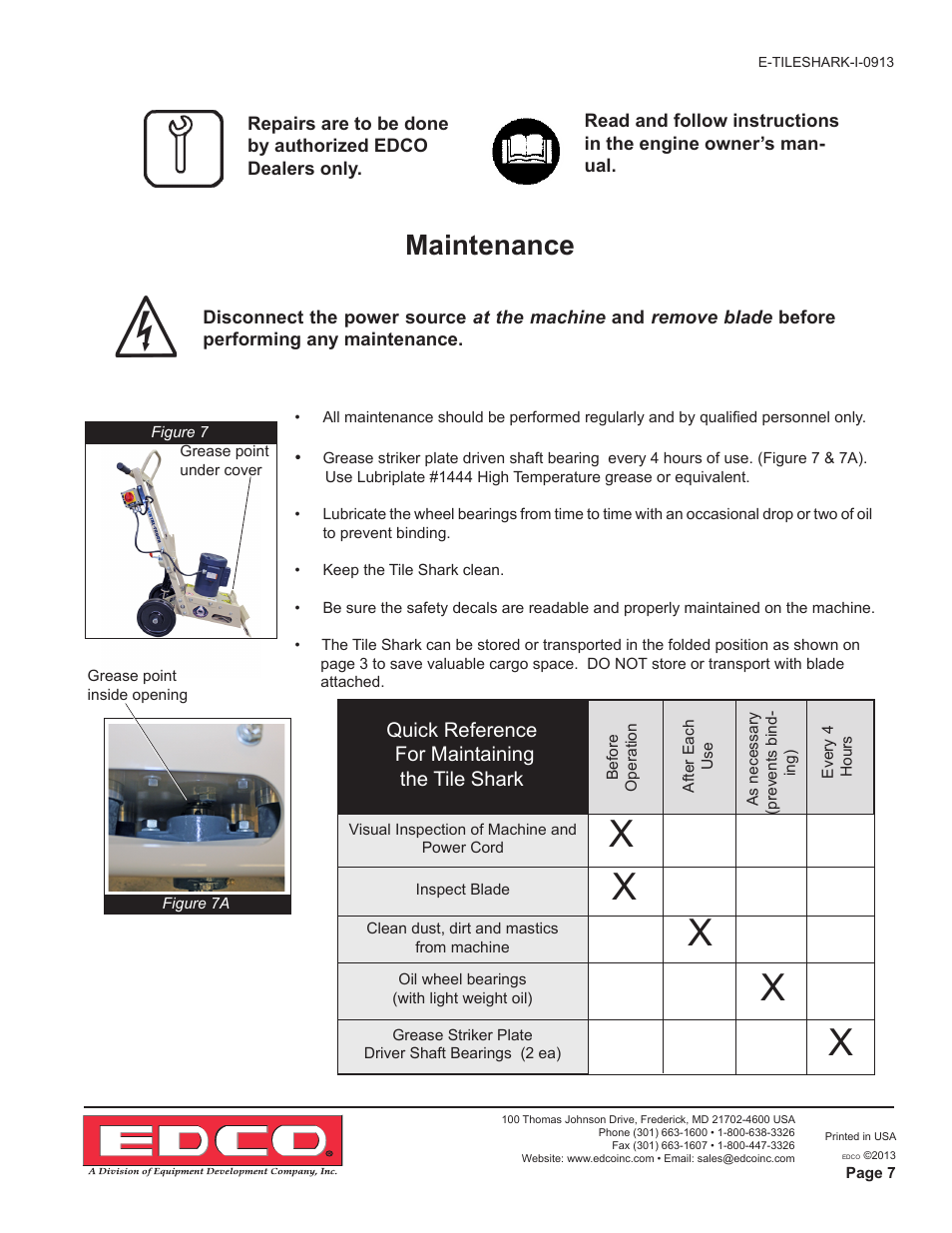 Maintenance | EDCO TILE SHARK User Manual | Page 7 / 8