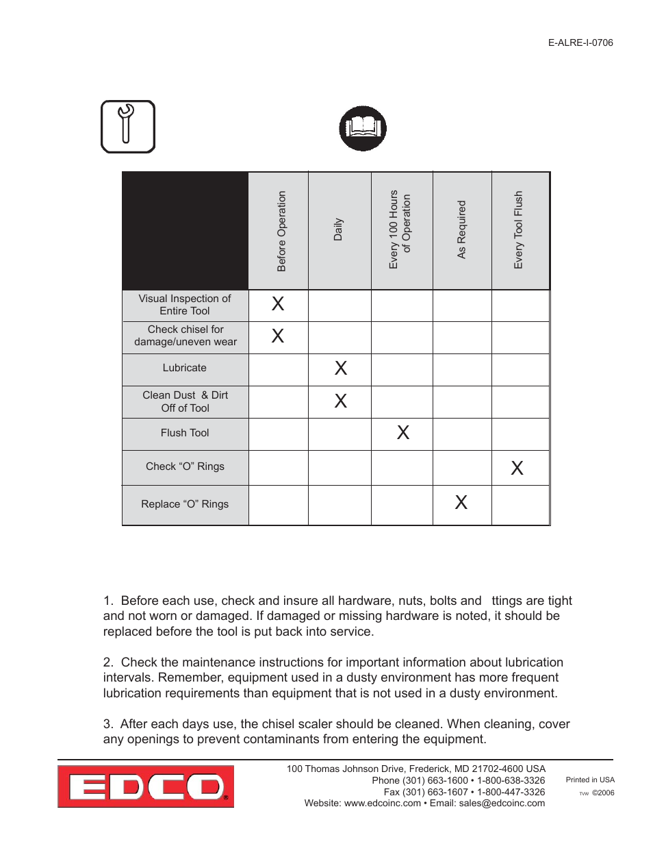 Maintenance schedule, X x x | EDCO ALR-BS User Manual | Page 11 / 16