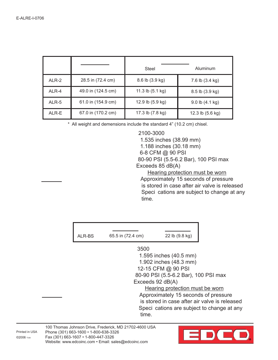 Specifications for - model alr, Length weight, Length* weight | EDCO ALR-BS User Manual | Page 4 / 16