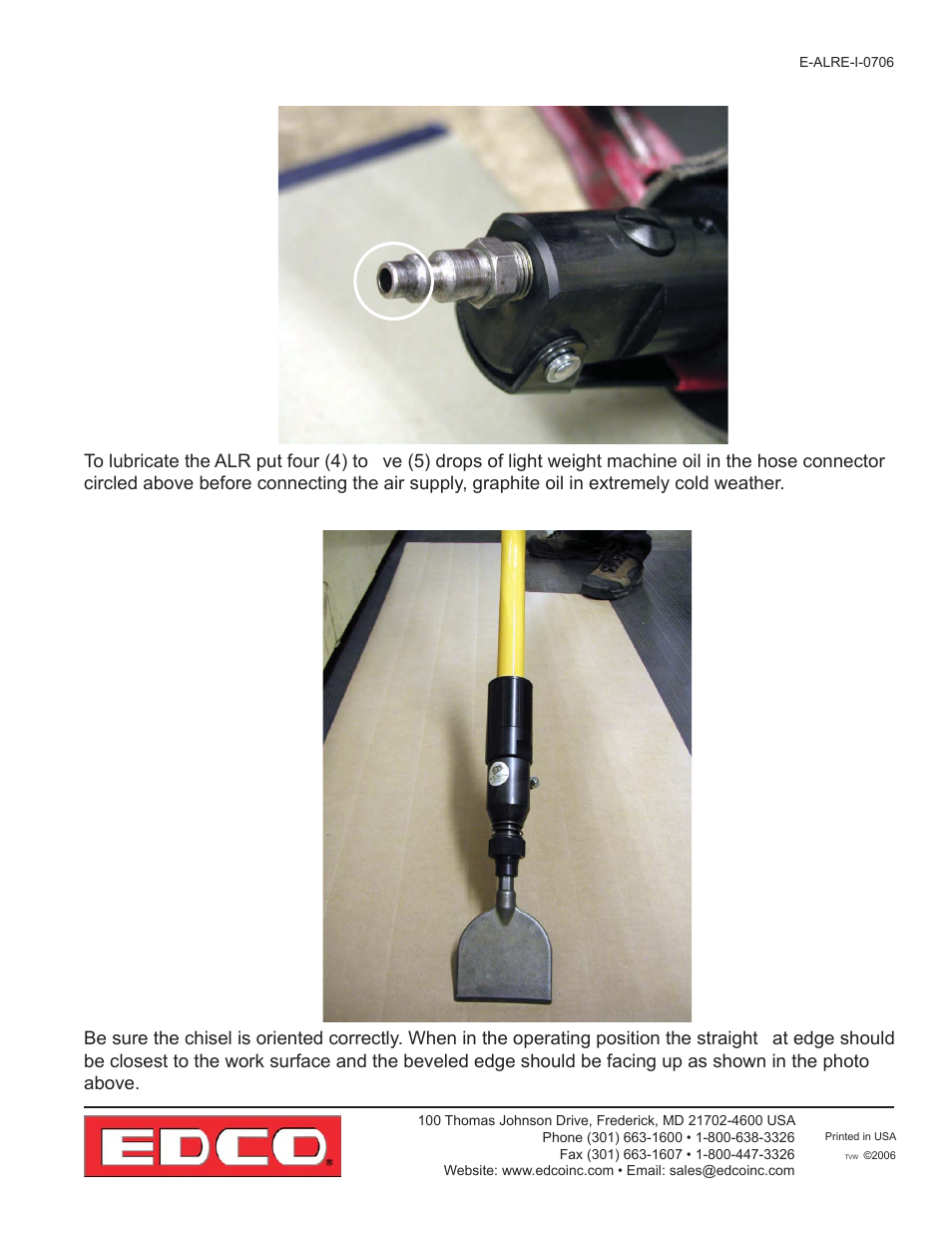 Procedure for lubricating the alr, Correct positioning of the chisel | EDCO ALR-BS User Manual | Page 7 / 16