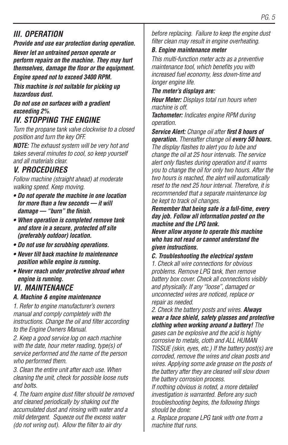 Iii. operation, Iv. stopping the engine, V. procedures | Vi. maintenance | EDCO GS-42 User Manual | Page 5 / 16