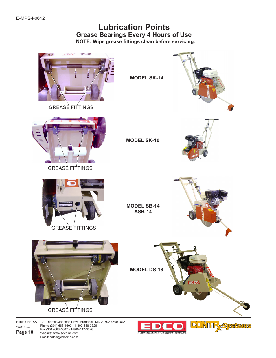 Lubrication points, Grease bearings every 4 hours of use | EDCO SK-10 User Manual | Page 10 / 12