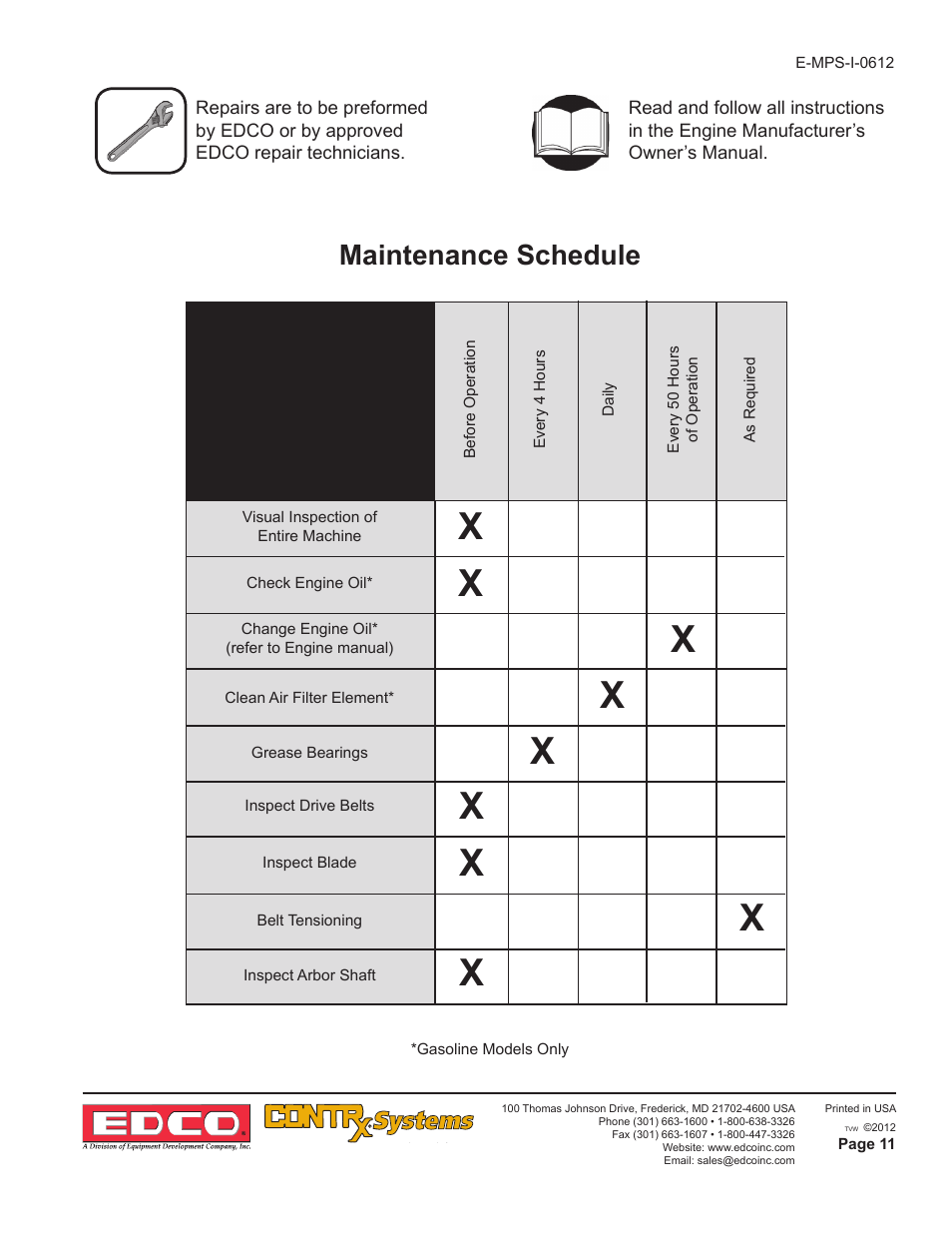 Maintenance schedule | EDCO SK-10 User Manual | Page 11 / 12