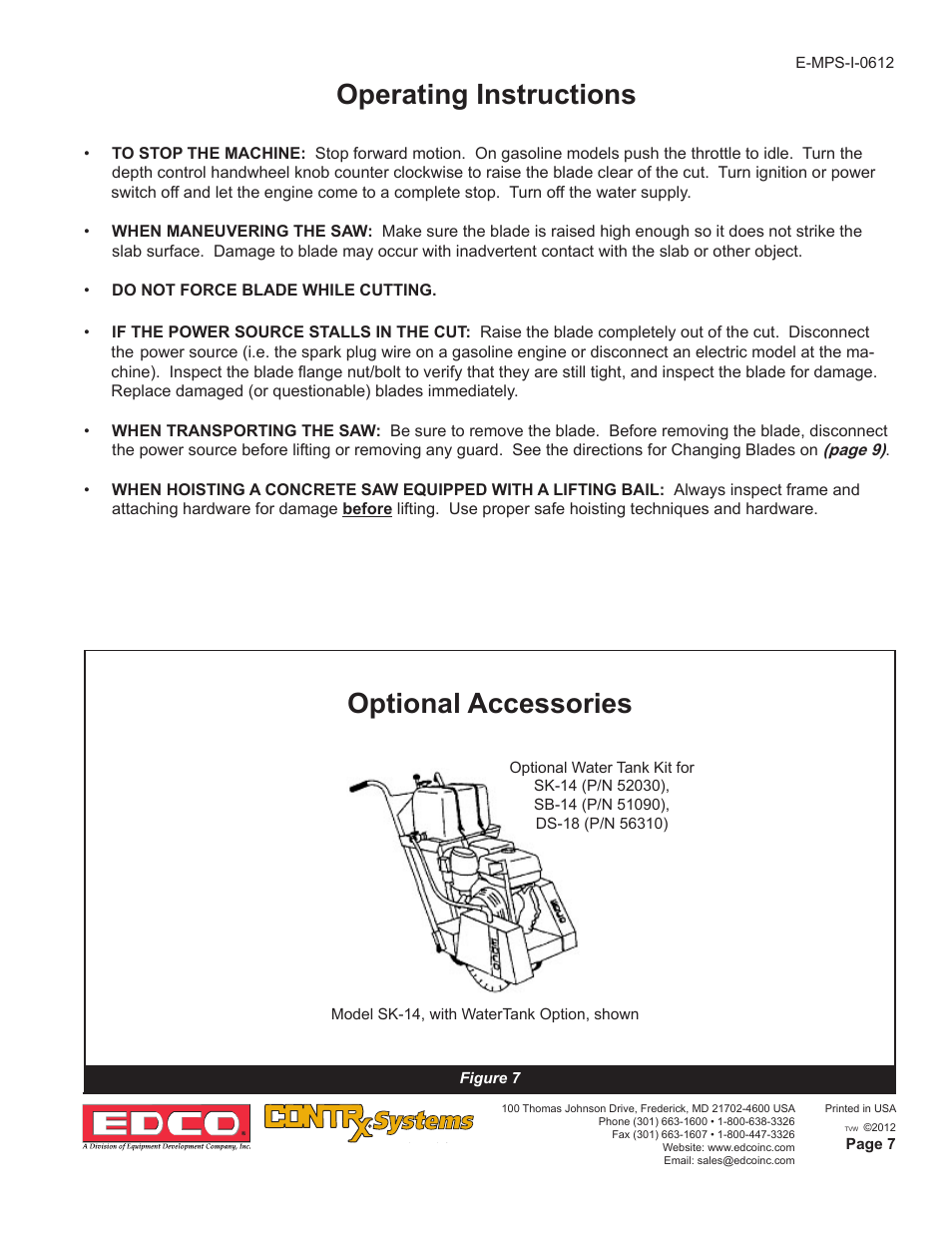 Optional accessories, Operating instructions | EDCO SK-10 User Manual | Page 7 / 12