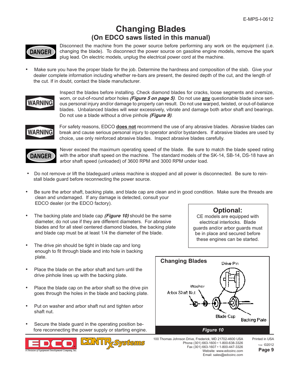 Changing blades, On edco saws listed in this manual), Optional | EDCO SK-10 User Manual | Page 9 / 12