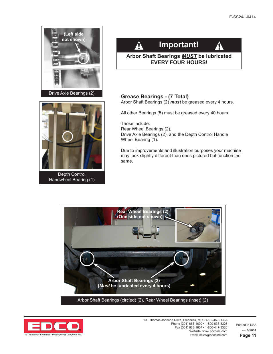 Important, Grease bearings - (7 total) | EDCO SS-24 User Manual | Page 11 / 16