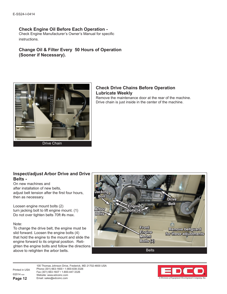 Check engine oil before each operation, Inspect/adjust arbor drive and drive belts | EDCO SS-24 User Manual | Page 12 / 16