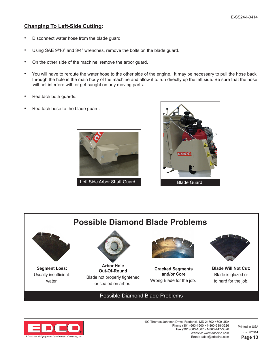 Possible diamond blade problems | EDCO SS-24 User Manual | Page 13 / 16