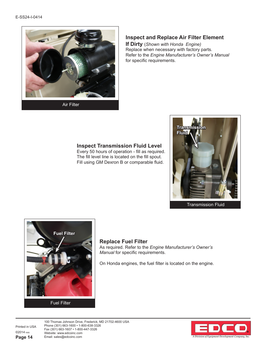 Inspect transmission fluid level, Replace fuel filter, Inspect and replace air filter element if dirty | EDCO SS-24 User Manual | Page 14 / 16