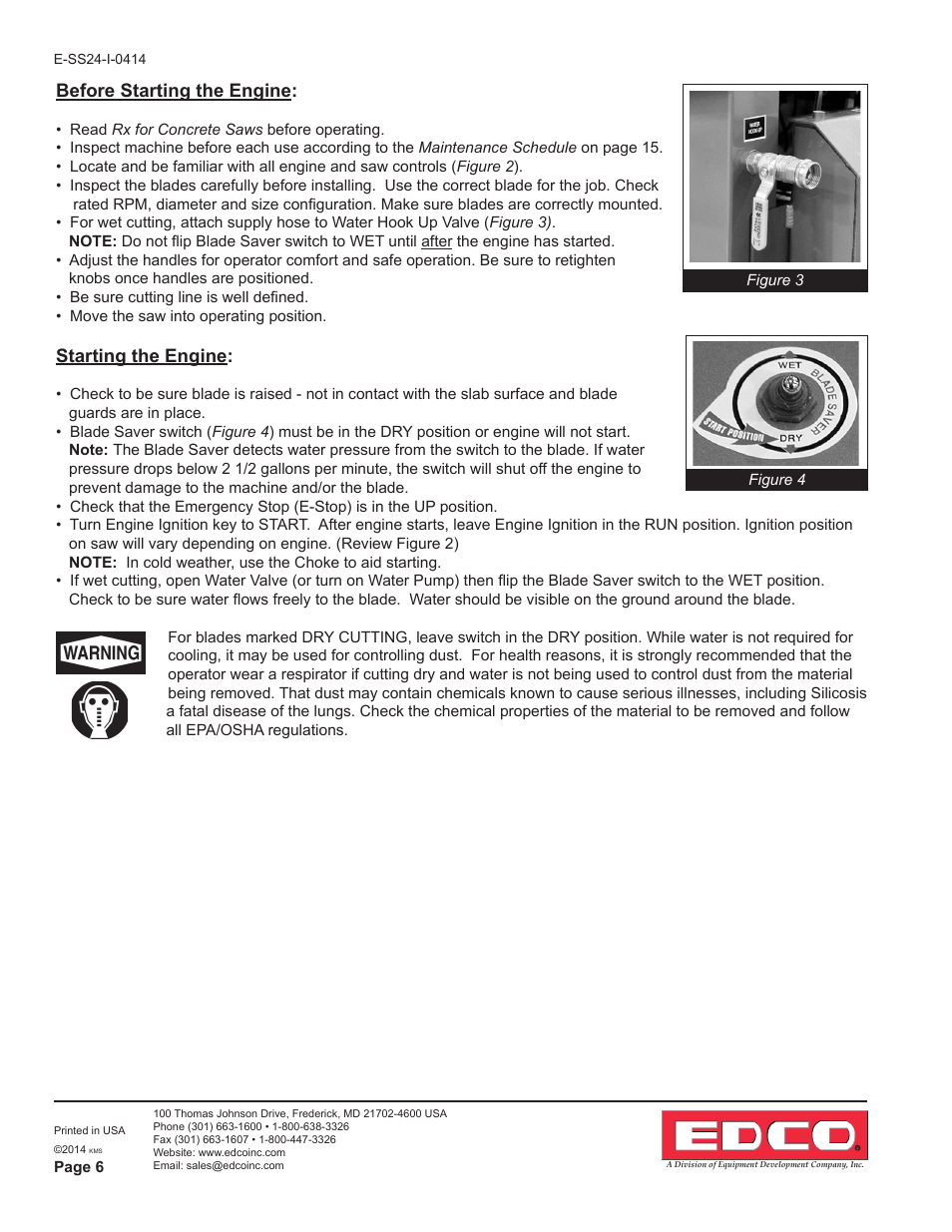 Before starting the engine, Starting the engine | EDCO SS-24 User Manual | Page 6 / 16