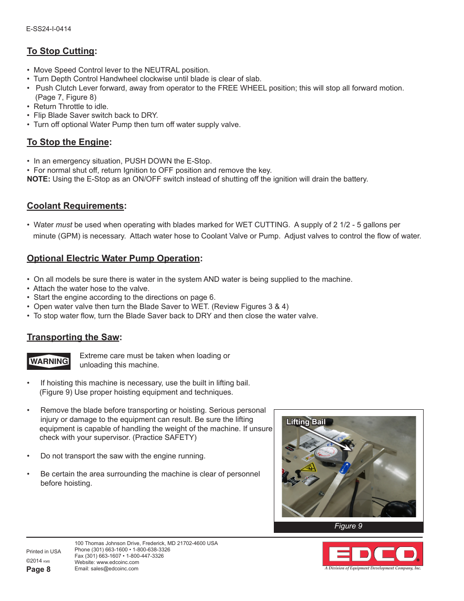 Coolant requirements, Optional electric water pump operation, Transporting the saw | EDCO SS-24 User Manual | Page 8 / 16