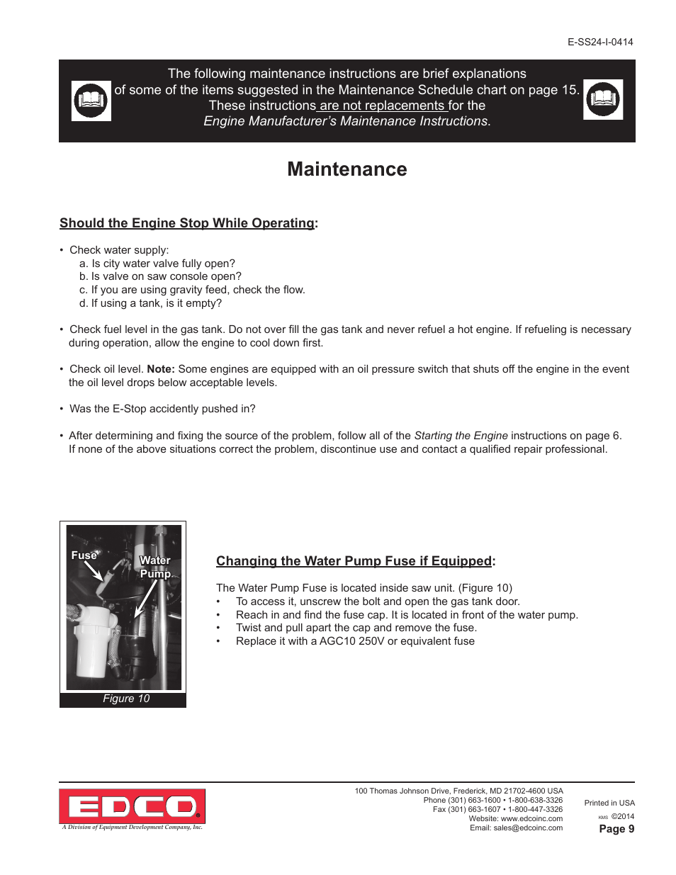 Maintenance, Should the engine stop while operating | EDCO SS-24 User Manual | Page 9 / 16