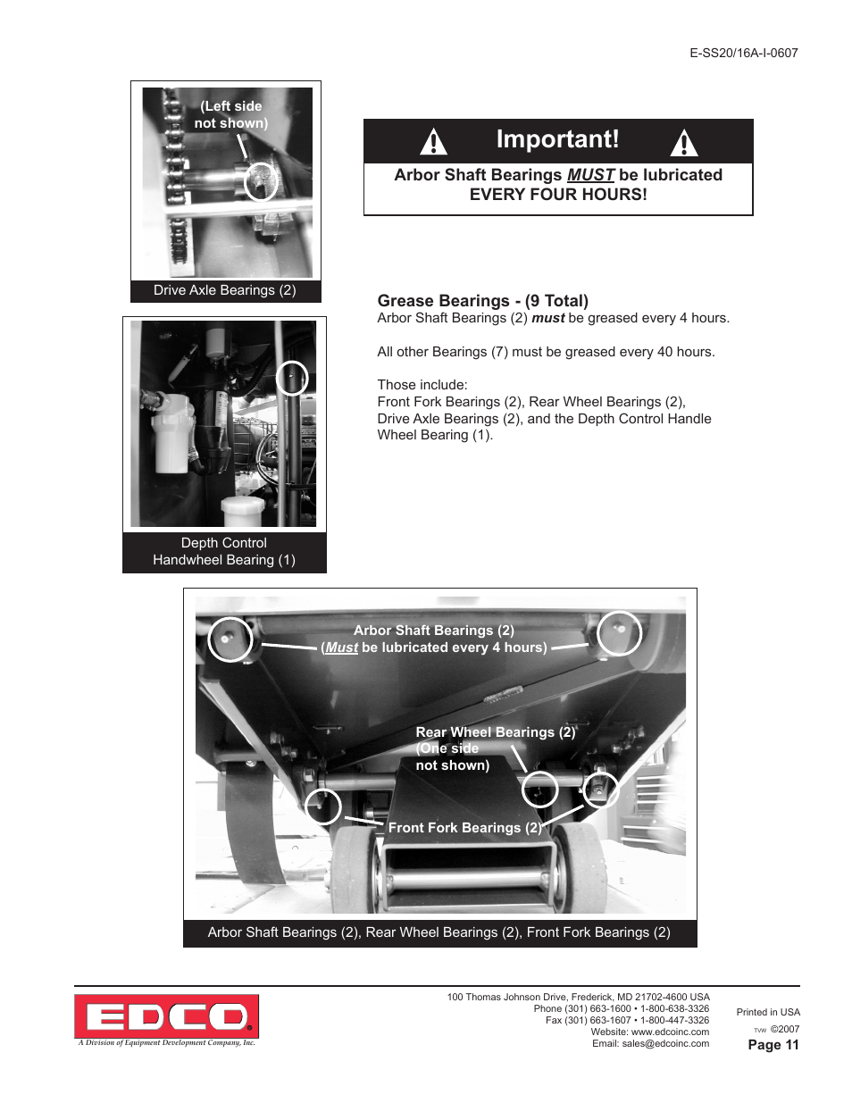 Important, Grease bearings - (9 total) | EDCO SS-16A User Manual | Page 11 / 16