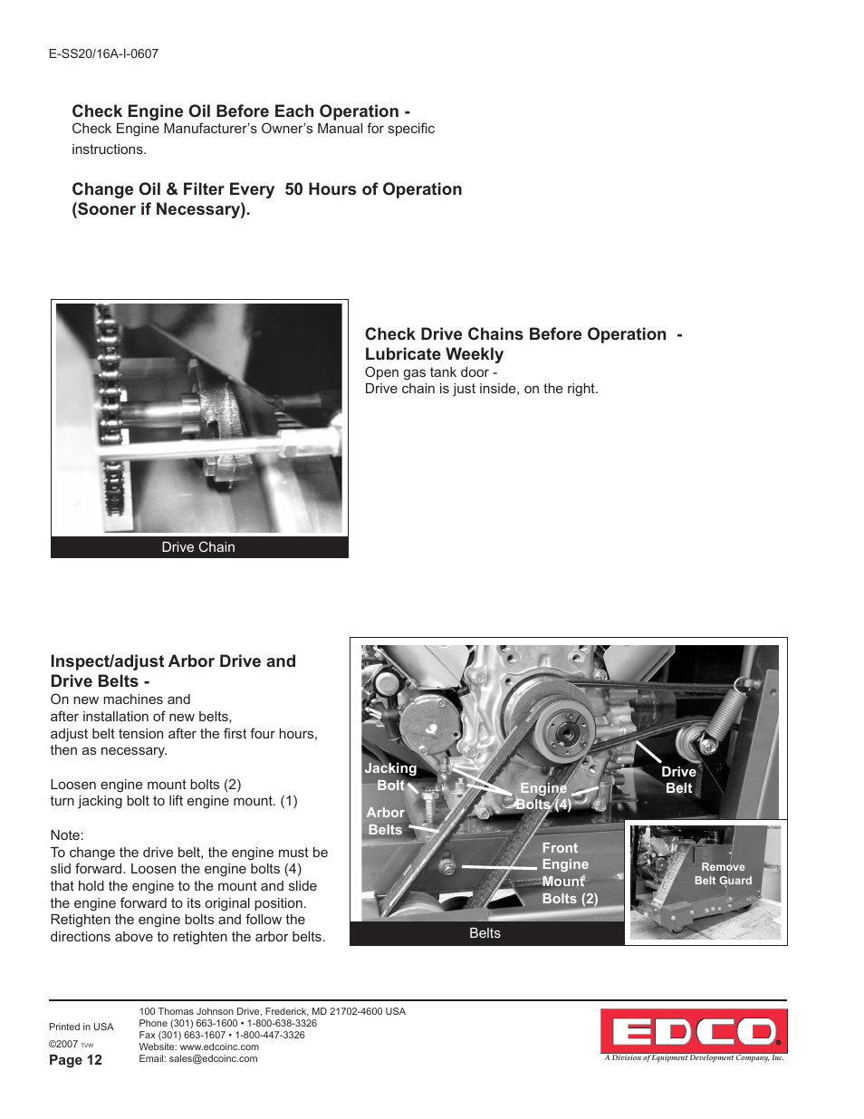 Check engine oil before each operation, Inspect/adjust arbor drive and drive belts | EDCO SS-16A User Manual | Page 12 / 16