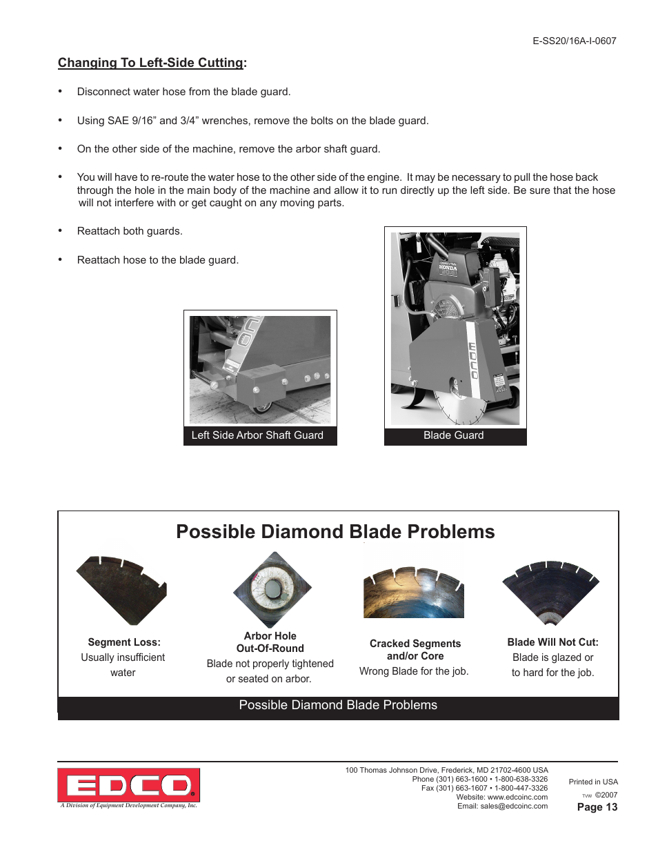 Changing to left-side cutting, Possible diamond blade problems | EDCO SS-16A User Manual | Page 13 / 16