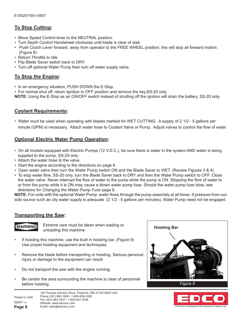 Coolant requirements, Optional electric water pump operation, Transporting the saw | EDCO SS-16A User Manual | Page 8 / 16